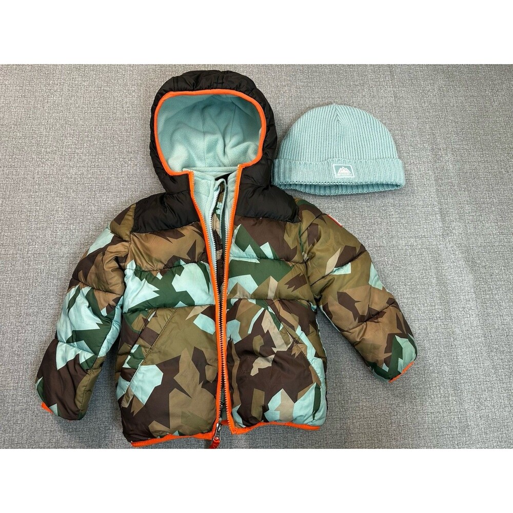 SNOZU Puffer Jacket and Beanie Set Blue Camo Winter Warm Hooded Boys Size 4 T